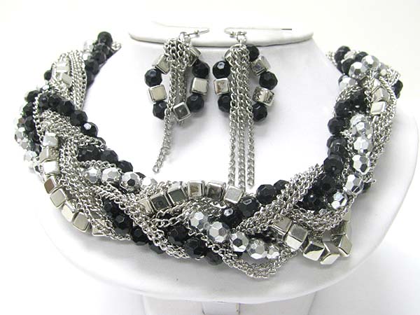 Mixed metal and beads chain twist tangle necklace earring set
