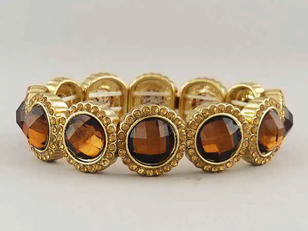 Facet glass stone metal disk link stretch bracelet