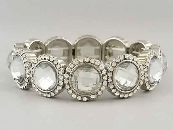 Facet glass stone metal disk link stretch bracelet