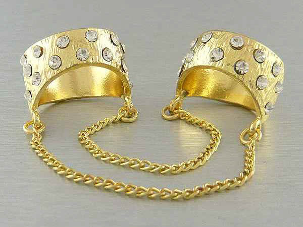 Glam punk rock crystal stud chain tied dual finger ring