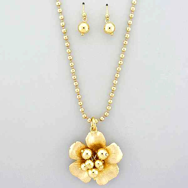 Multi metal small balls on center scratch fashion flower chain necklace earring set