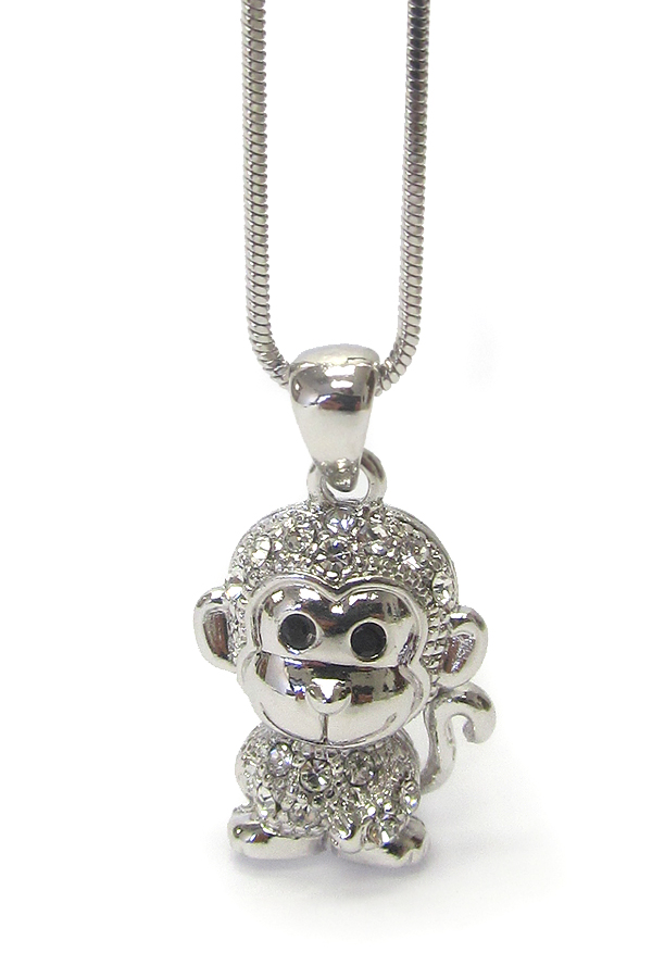 WHITEGOLD PLATING CRYSTAL CUTE MONKEY PENDANT NECKLACE