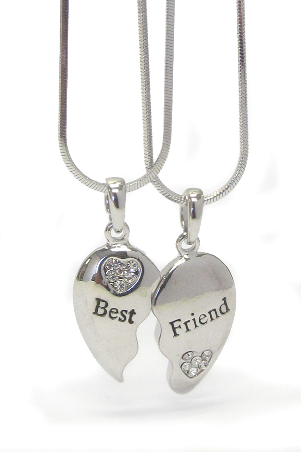 WHITEGOLD PLATING CRYSTAL SEPARATE BEST FRIEND HEART DUAL  NECKLACE