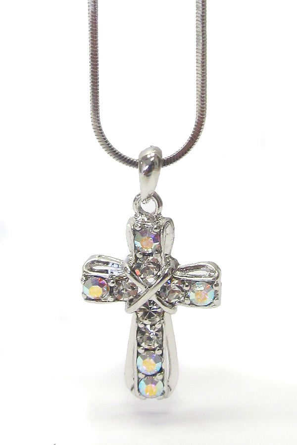 WHITEGOLD PLATING CRYSTAL STUD CROSS PENDANT NECKLACE