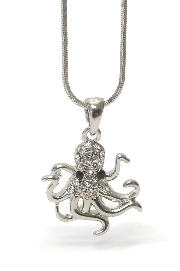 WHITEGOLD PLATING CRYSTAL STUD OCTOPUS PENDANT NECKLACE