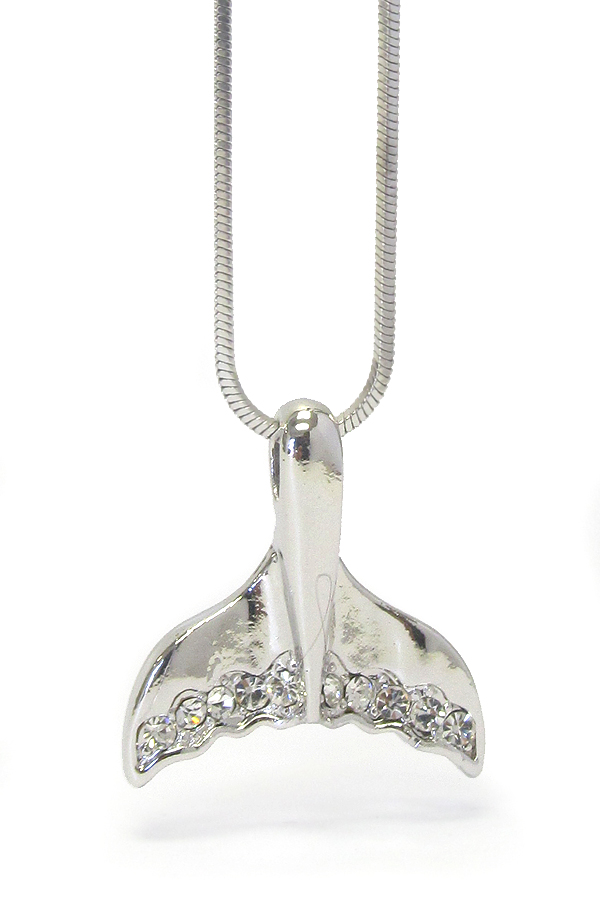 WHITEGOLD PLATING CRYSTAL WHALE TAIL PENDANT NECKLACE