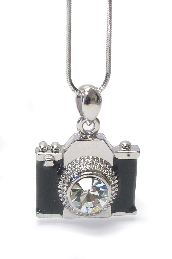 Made in korea whitegold plating crystal stud miniature camera pendant necklace