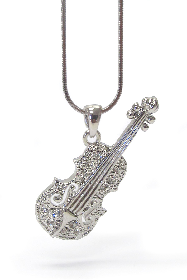 MADE IN KOREA WHITEGOLD PLATING CRYSTAL STUD  MUSIC THEME VIOLIN PENDANT NECKLACE