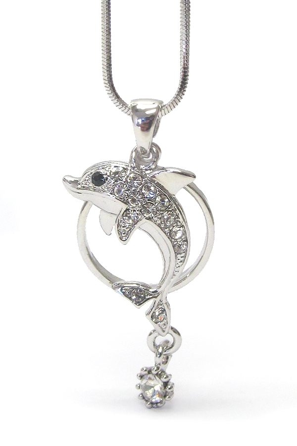 WHITEGOLD PLATING CRYSTAL DOLPHIN PENDANT NECKLACE