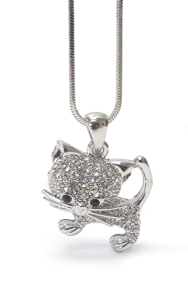 WHITEGOLD PLATING CRYSTAL STUD CAT PENDANT NECKLACE