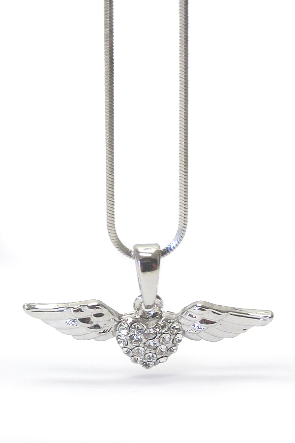 WHITEGOLD PLATING CRYSTAL  HEART AND WING PENDANT NECKLACE
