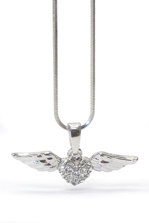 Made in korea whitegold plating crystal  heart and wing pendant necklace