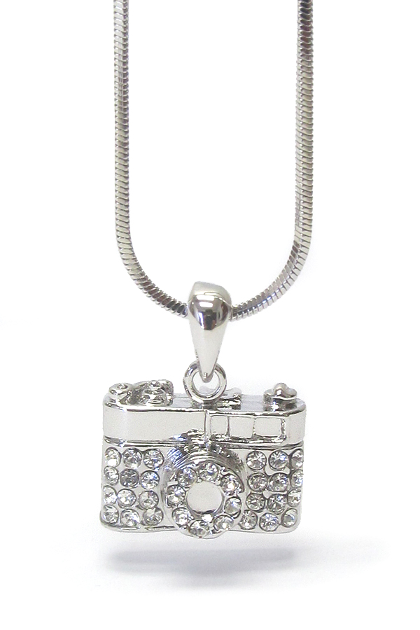 WHITEGOLD PLATING CRYSTAL MINIATURE CAMERA NECKLACE