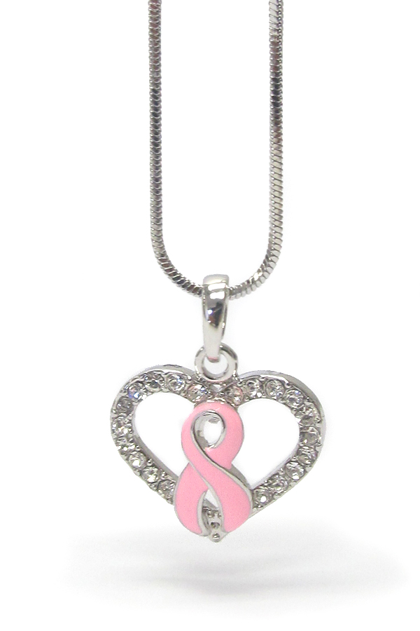 WHITEGOLD PLATING EPOXY AND CRYSTAL DECO PINK RIBBON HEART PENDANT NECKLACE - BREAST CANCER AWARENESS