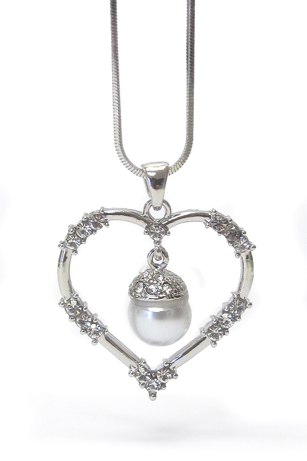 WHITEGOLD PLATING CRYSTAL STUD PEARL DANGLE HEART PENDANT NECKLACE -valentine