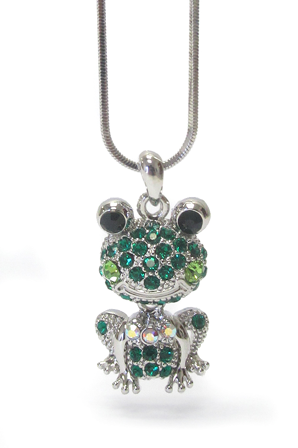 WHITEGOLD PLATING CRYSTAL FROG PENDANT NECKLACE- NODDING HEAD