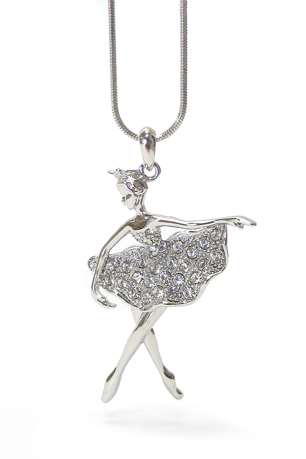 WHITEGOLD PLATING CRYSTAL BALLET THEME PENDANT NECKLACE