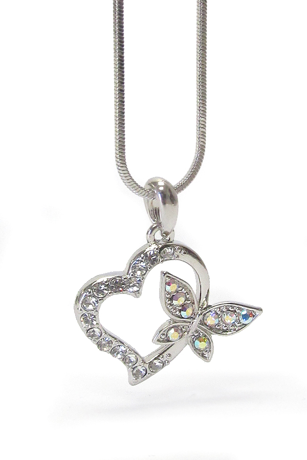 WHITEGOLD PLATING CRYSTAL BUTTERFLY HEART PENDANT NECKLACE