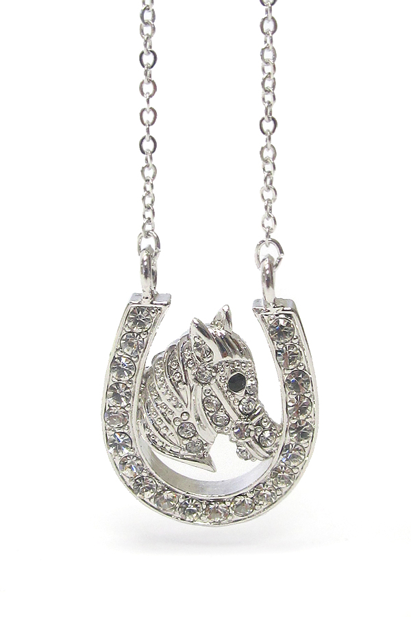 WHITEGOLD PLATING CRYSTAL WESTERN THEME HORSESHOE PENDANT NECKLACE