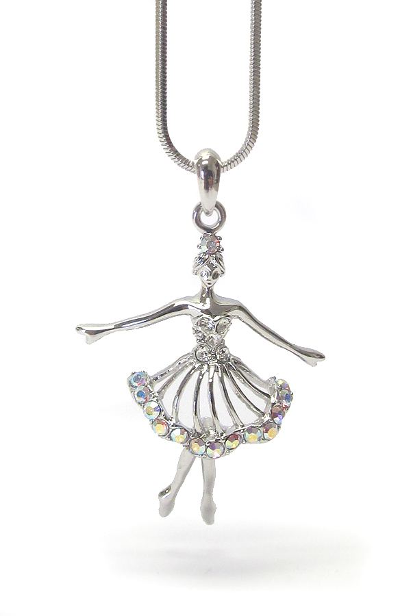 WHITEGOLD PLATING CRYSTAL BALLET THEME PENDANT NECKLACE