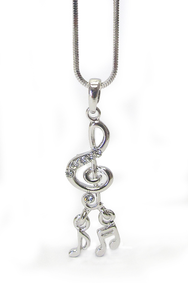 WHITEGOLD PLATING CRYSTAL STUD MUSIC NOTES DANGLE PENDANT NECKLACE