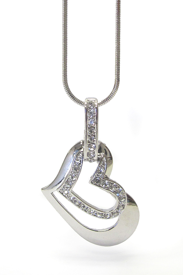 WHITEGOLD PLATING CRYSTAL DUAL HEART PENDANT NECKLACE -valentine