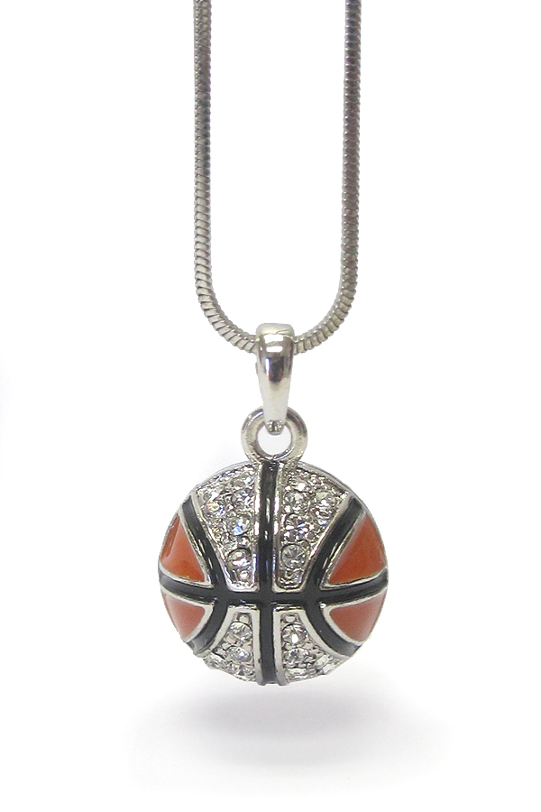 WHITEGOLD PLATING EPOXY AND CRYSTAL DECO BASKETBALL PENDANT NECKLACE