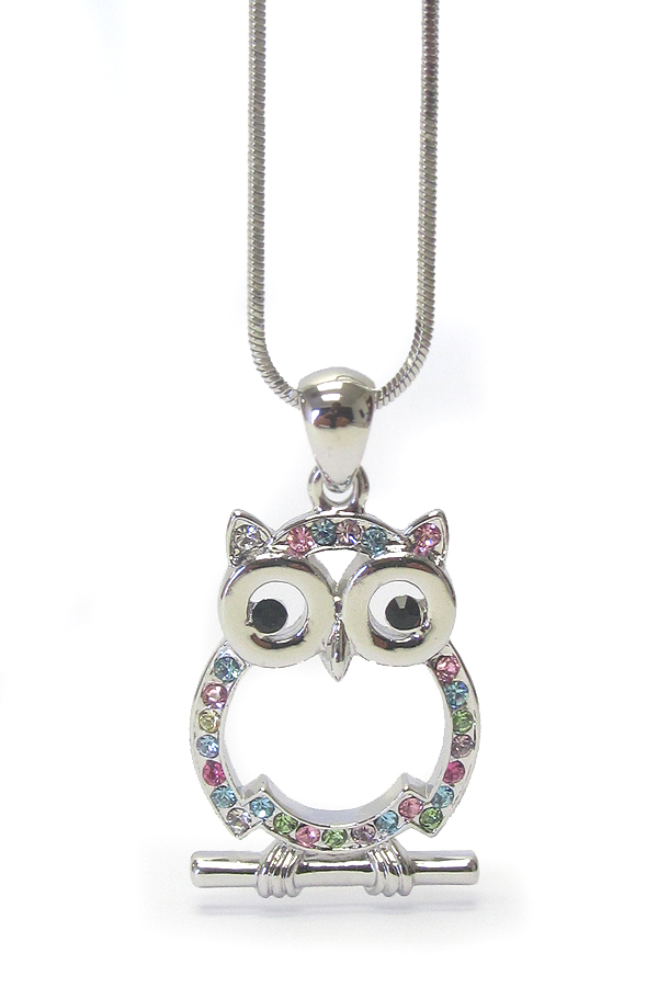 WHITEGOLD PLATING CRYSTAL OWL PENDANT NECKLACE