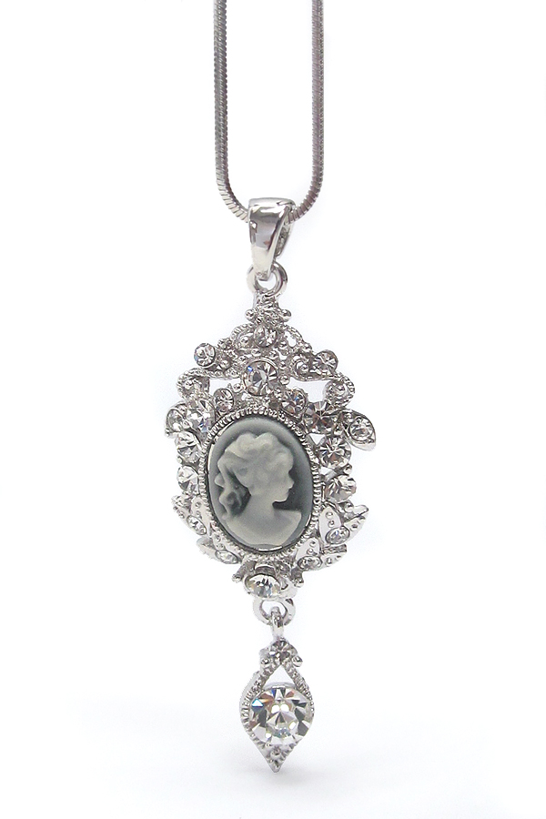 Made in korea whitegold plating crystal stud cameo pendant and crystal dangle necklace