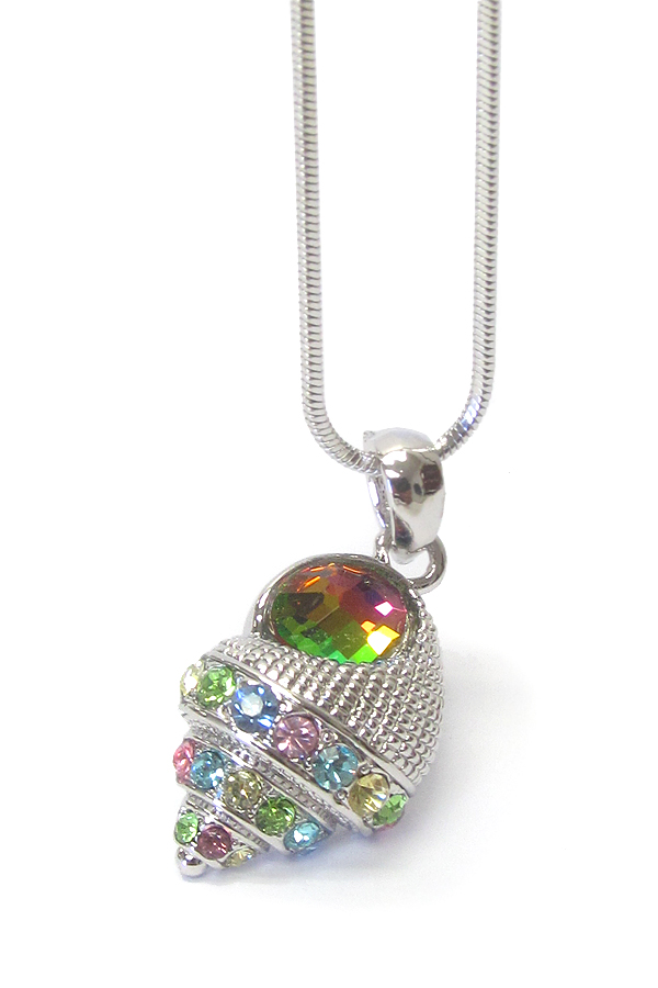 WHITEGOLD PLATING MULTI COLOR CRYSTAL CONCHO SHELL PENDANT NECKLACE