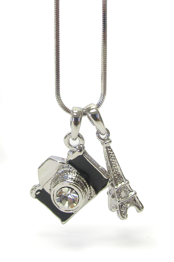 WHITEGOLD PLATING CRYSTAL  TRAVEL THEME CAMERA AND EIFEL TOWER PENDANT NECKLACE