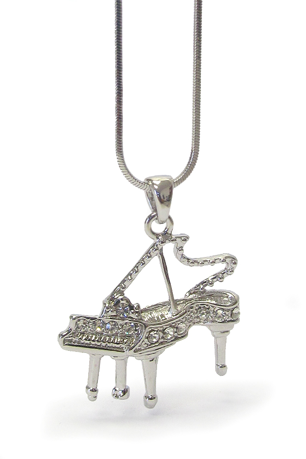 WHITEGOLD PLATING CRYSTAL STUD  MUSIC THEME GRAND PIANO PENDANT NECKLACE