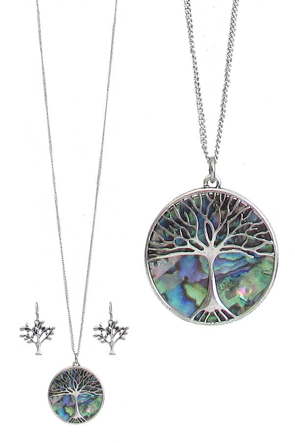Abalone tree of life pendant necklace set