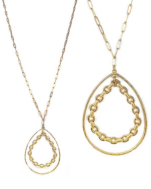 Chain and wire double teardrop pendant long necklace