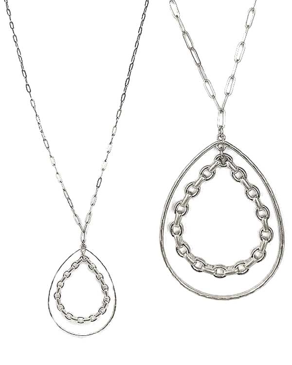 CHAIN AND WIRE DOUBLE TEARDROP PENDANT LONG NECKLACE