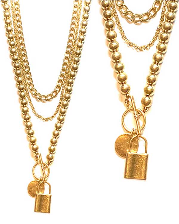 Lock pendant triple mix chain toggle necklace