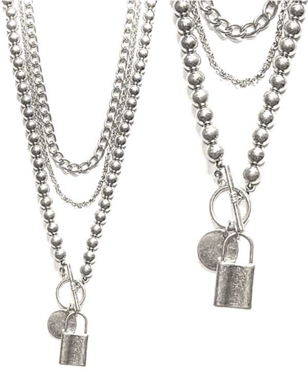 Lock pendant triple mix chain toggle necklace
