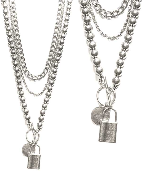 LOCK PENDANT TRIPLE MIX CHAIN TOGGLE NECKLACE