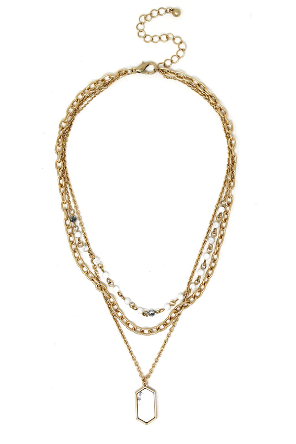 Semi precious stone pendant triple layer necklace