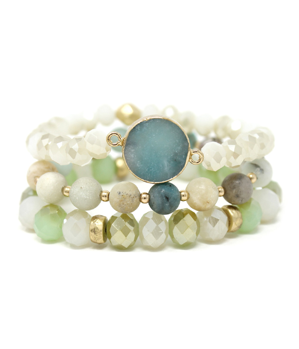 SEMI PRECIOUS AND FACET STONE MIX TRIPLE STRETCH BRACELET SET