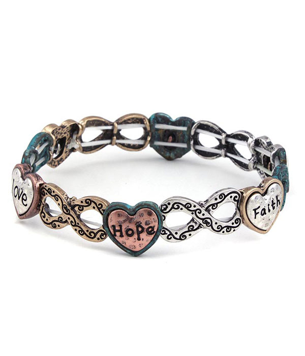 Religious inspiration vintage metal heart stretch bracelet - faith hope love