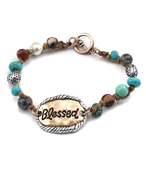 Religious inspiration vintage metal and mix bead toggle bracelet - blessed