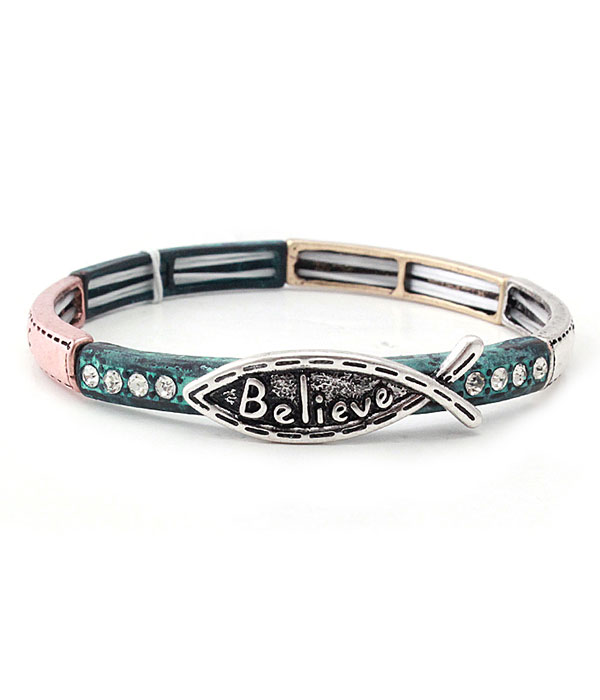 Vintage metal christian fish stretch bracelet - believe
