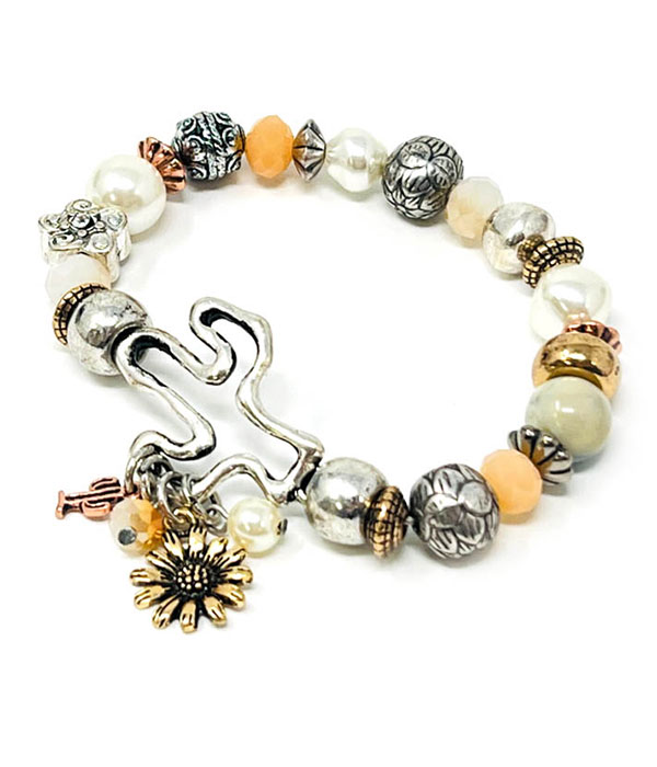 Western theme cactus and mix bead stretch bracelet