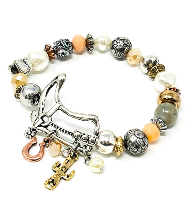 Western theme cowboy boot and mix bead stretch bracelet