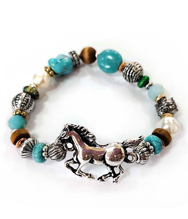 Antique siliver horse and mix bead stretch bracelet