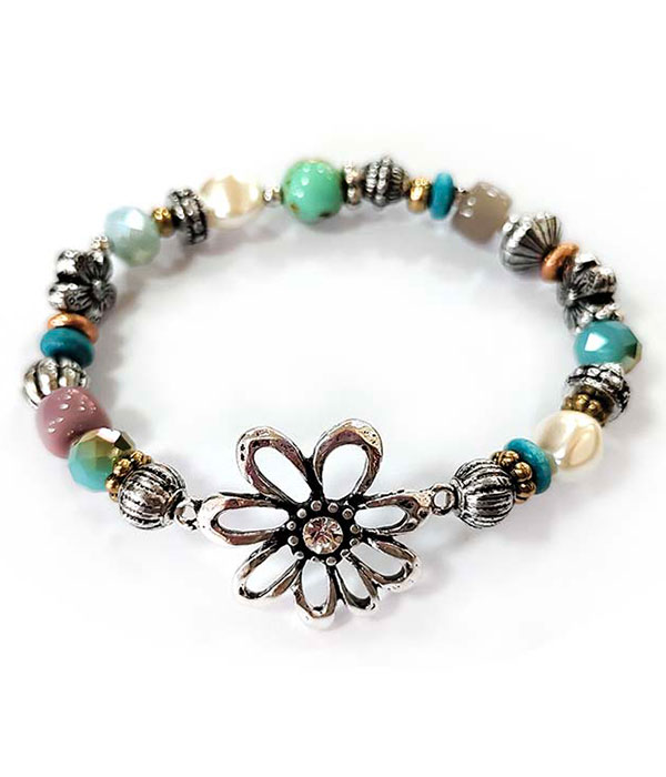 Antique siliver flower and mix bead stretch bracelet
