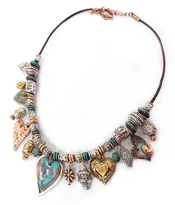 Western theme multi charm cord necklace - heart