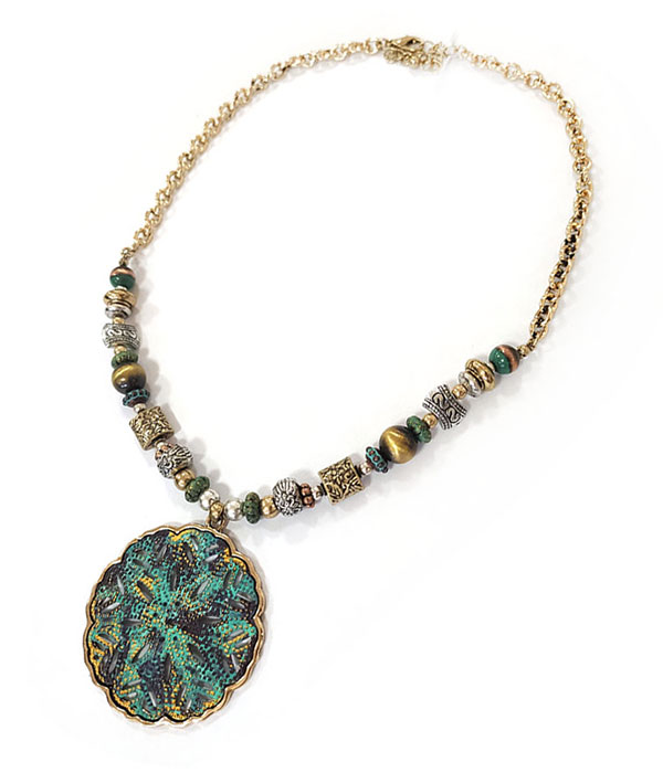 Vintage style patina pendant and mix bead necklace - disc