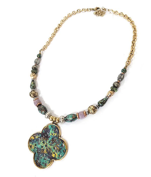 Vintage style patina pendant and mix bead necklace - quatrefoil